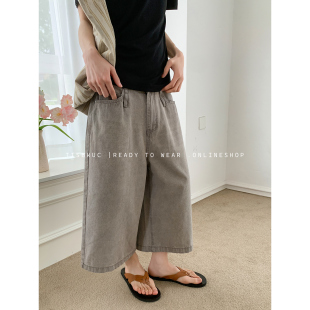 cleanfit休闲裤 烟灰色水洗丹宁7分阔腿牛仔裤 晨雾漫步 白口阳