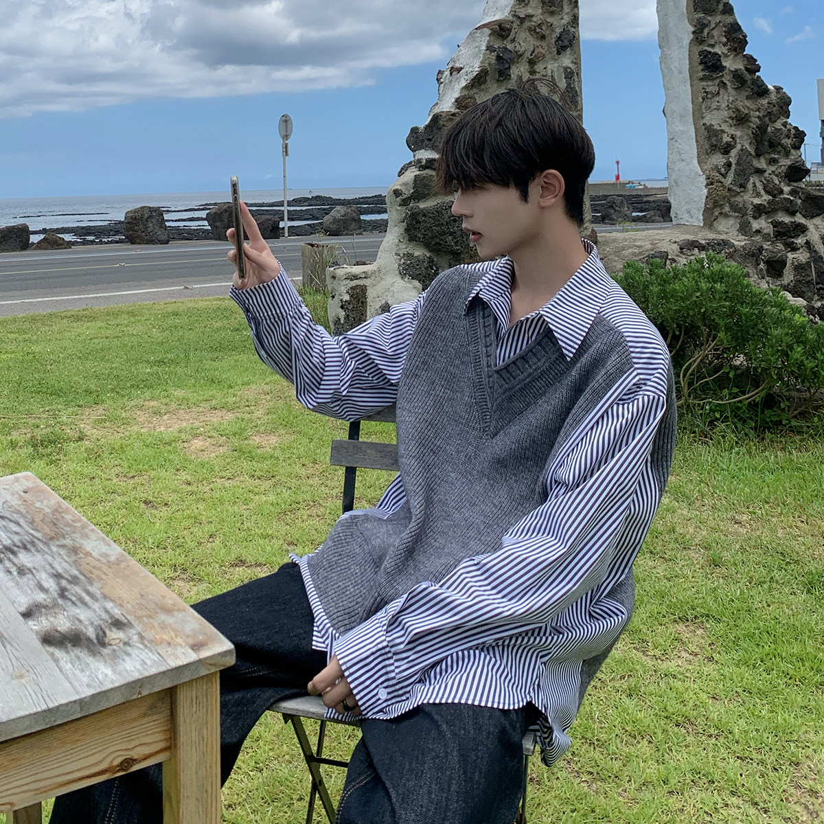 白口阳【泰晤士港】韩版假两件条纹衬衫式针织毛衣男2024秋冬新款