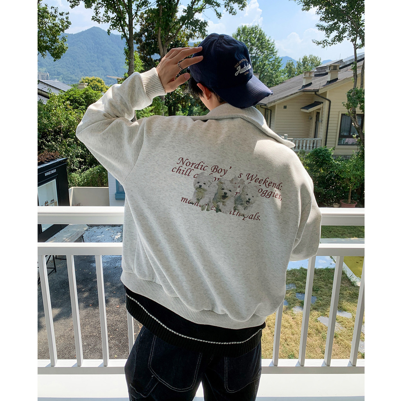 白口阳【西高地公社】学院风外套 加绒加厚印花开衫立领卫衣男生