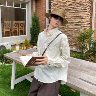 绣花边条纹衬衫 棕调基础款 通勤Polo领气质上衣 木质少年 白口阳