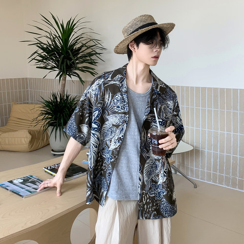 白口阳【沙漠绿洲】度假风古巴领衬衫 夏季宽松夏威夷天丝衬衣男