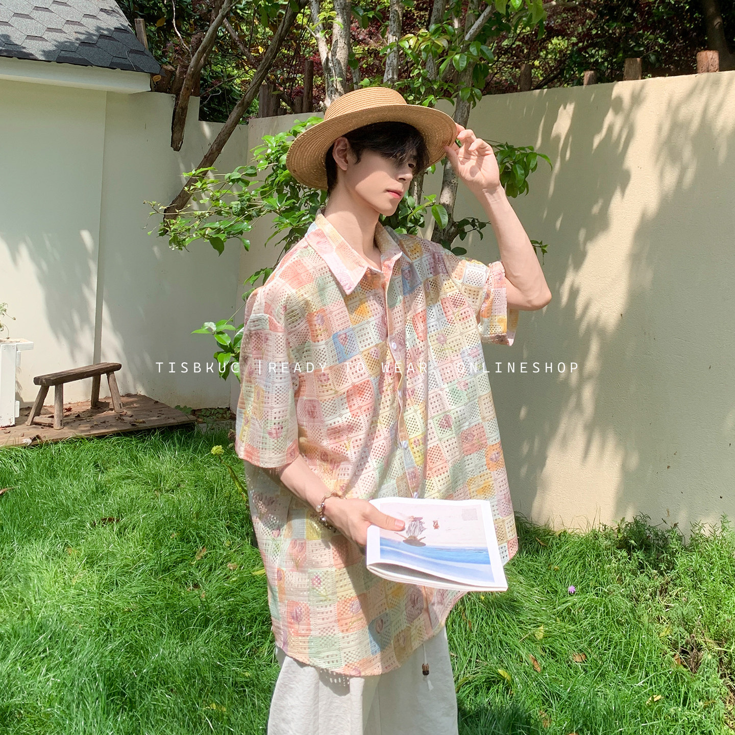 白口阳【夏日调色盘】彩色几何网格镂空多巴胺衬衫男度假休闲衬衫