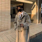 毛呢外套冬 羊毛牛角扣加厚连帽呢大衣男韩版 白口阳 休斯顿高校