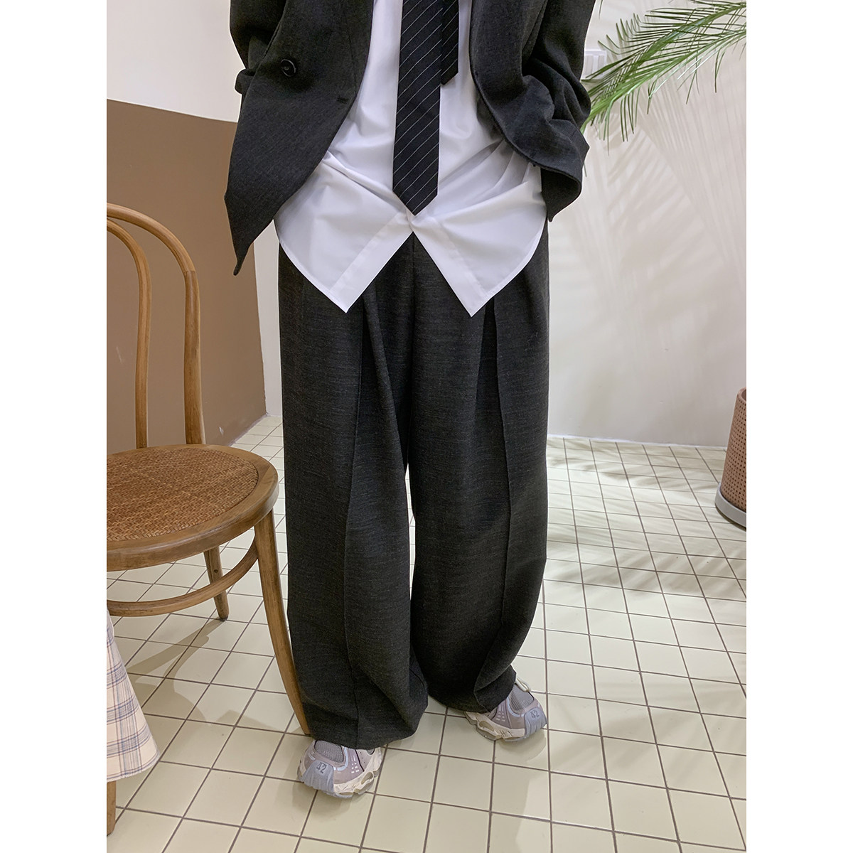 白口阳【今夜不回家】巴黎秀款羊毛西裤男春夏韩系深灰色宽松长裤