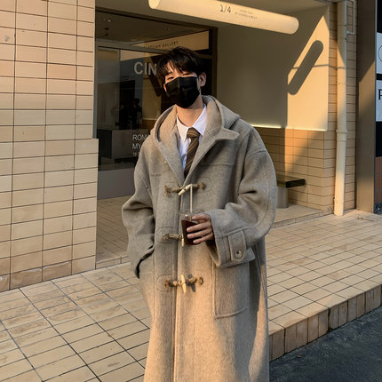 白口阳【休斯顿高校】羊毛牛角扣加厚连帽呢大衣男韩版毛呢外套冬