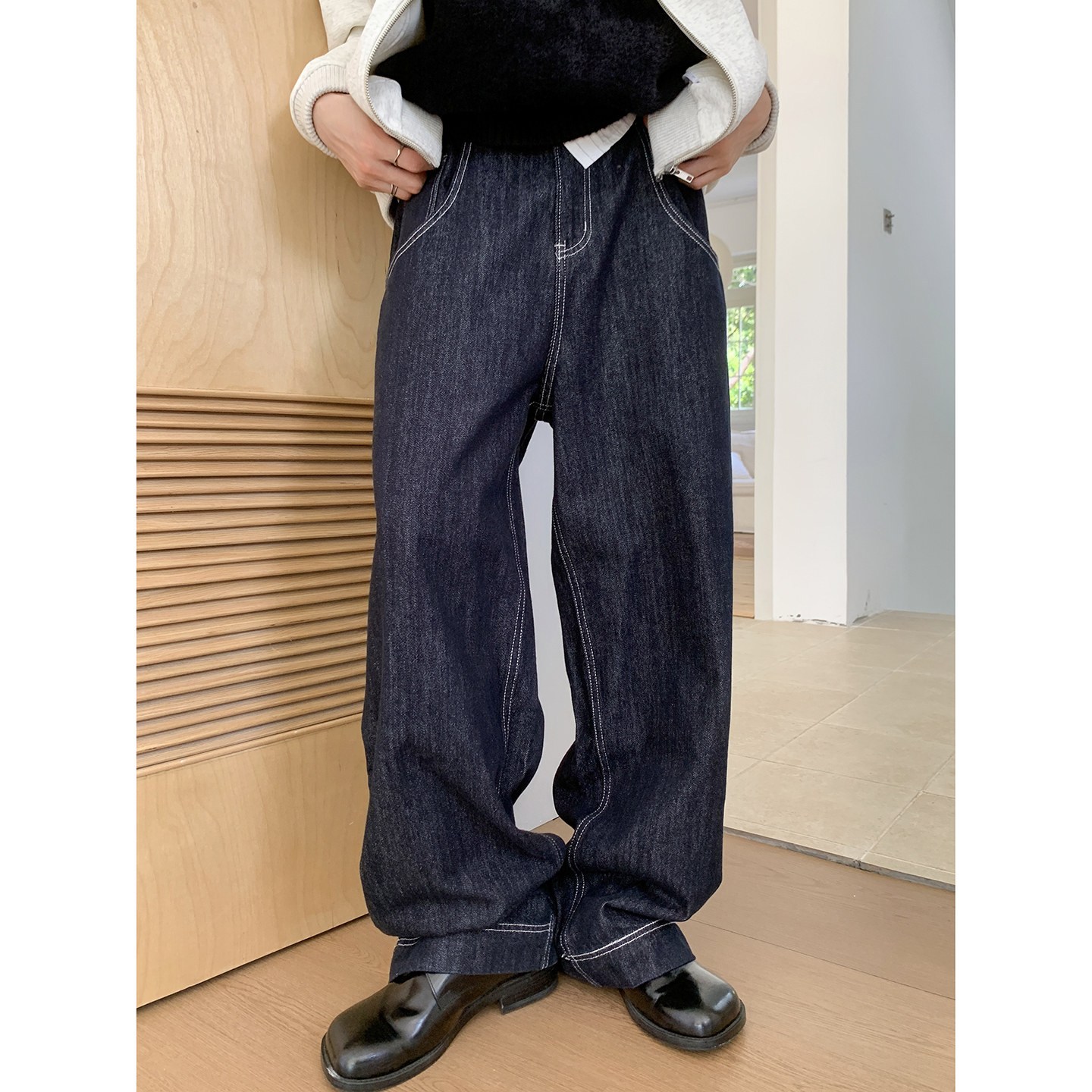 白口阳【萨维尔街】复古水洗丹宁原浆牛仔裤男生休闲拖地阔腿长裤