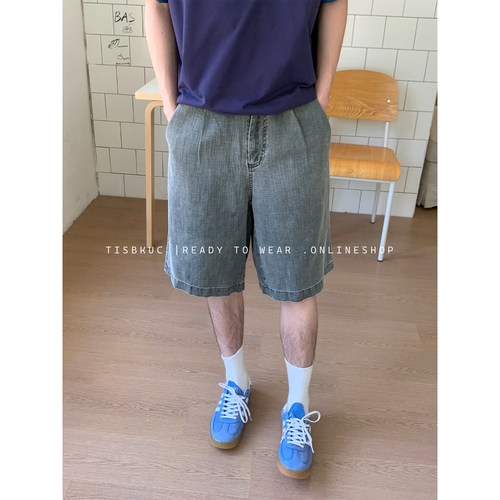 白口阳【雾岛森林】麻感面料松弛感复古直筒裤 灰绿色阔腿短裤男