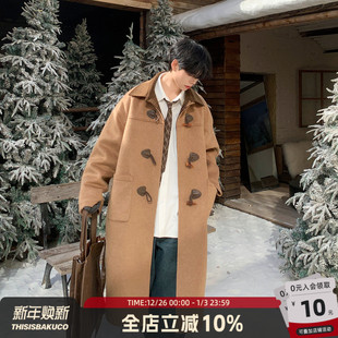 白口阳 英伦牛角扣格纹拼接可拆卸帽子毛呢大衣外套冬 英伦情书