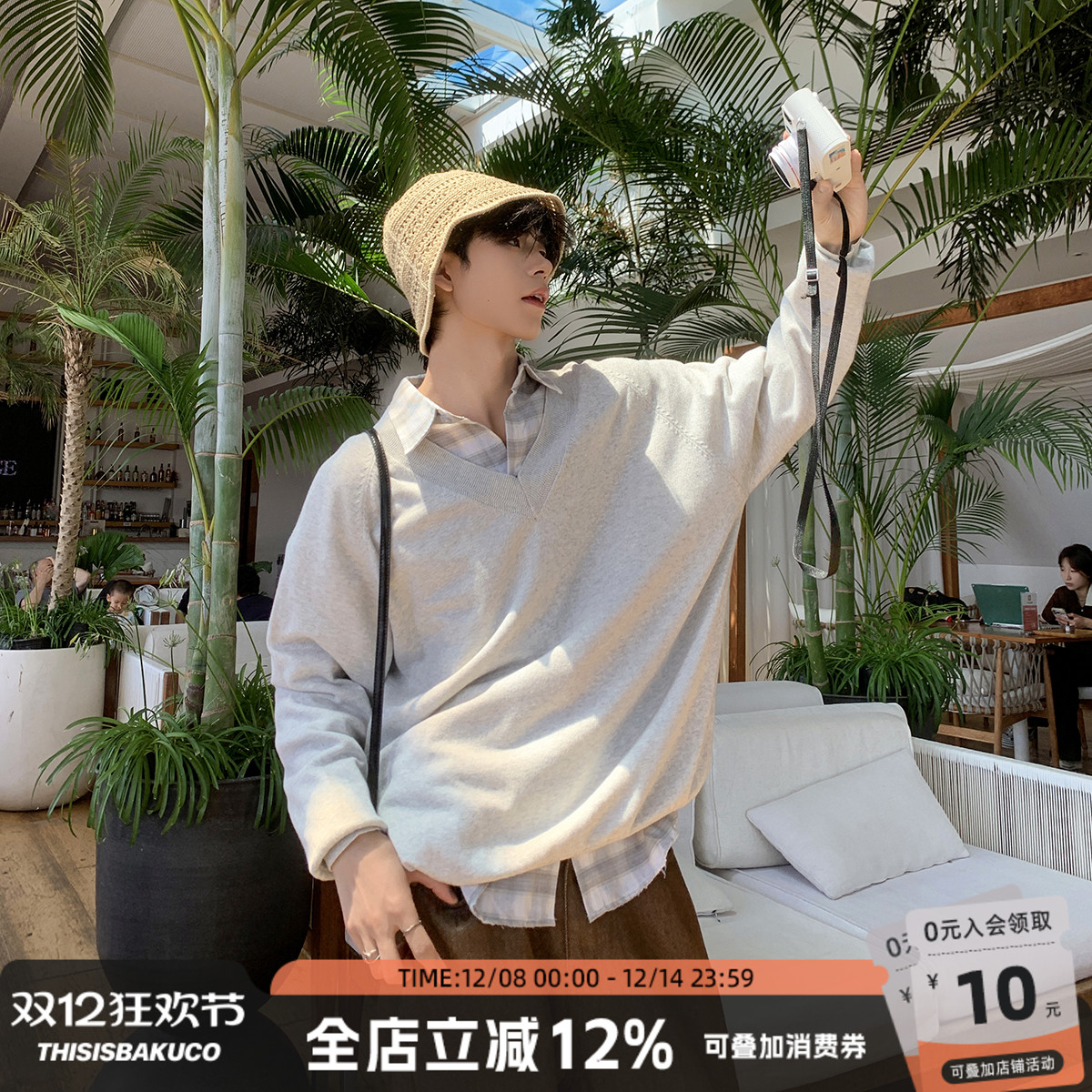 纯色简约款V领毛衣针织衫