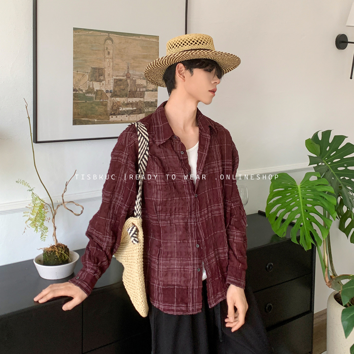 白口阳【红醋栗】亚麻松驰感复古格纹紫红色衬衫春夏格子长袖衬衣