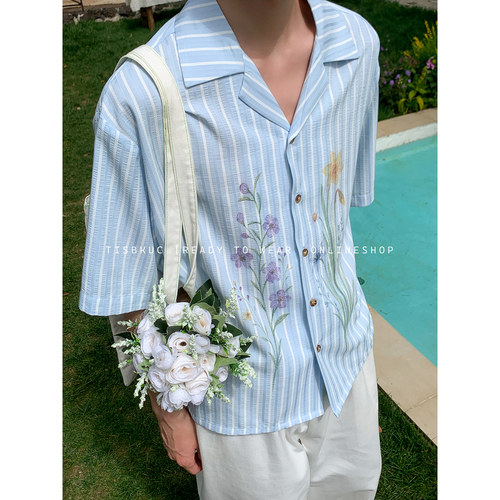 白口阳【手绘风铃草】花卉印花蓝条纹衬衫翻领薄款莱赛尔混纺上衣