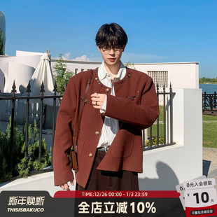 毛呢外套男 手工高级定制酒红色小香风无领西装 白口阳 宝石商人