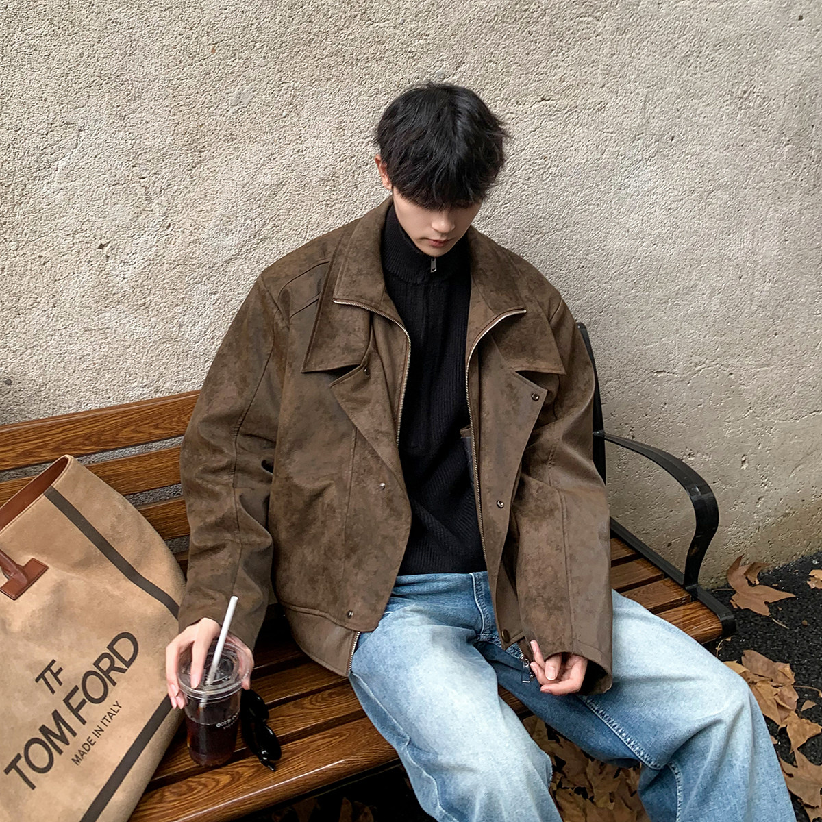 白口阳【西部猎人】韩版宽松双层领麂皮绒保暖夹克外套男2024新款