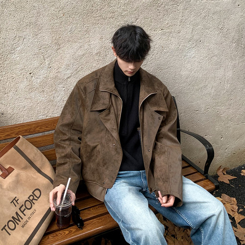 麂皮绒白口阳夹克双层领