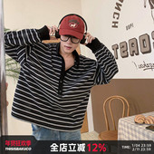 复古黑白条纹polo杉男2025年流行宽松长袖 白口阳 奥利可可 上衣