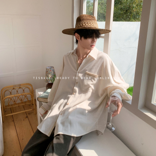 白口阳【塞特艺术】波西米亚花纹撞色织带度假长袖衬衫男女同款夏