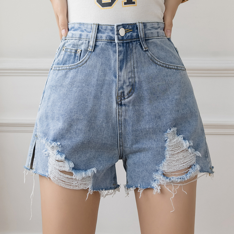 Real photo of 2021 summer new high waist jeans shorts with open hem and hot pants