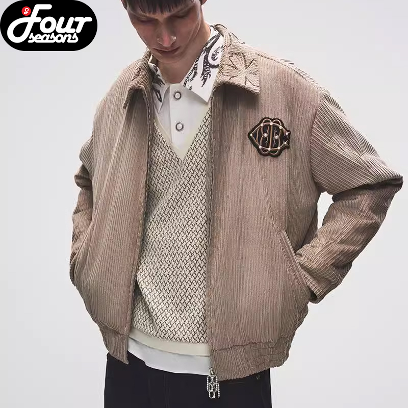 BORC灯芯绒夹克后背城堡图案外套