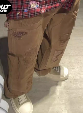 【四季】Marche Studios 24FW 男卡其色大破坏破洞水钻Boro工装裤