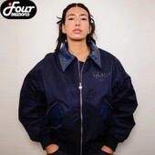 四季 Vandy ThePink 25FW飞行夹克海军蓝花朵铆钉装 饰宽松外套