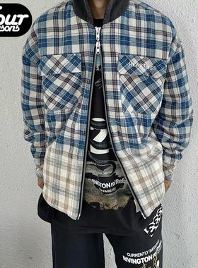 【四季】False Perception褪色做旧双拉链格子假两件连帽夹克外套