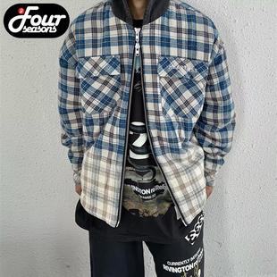 【四季】False Perception褪色做旧双拉链格子假两件连帽夹克外套