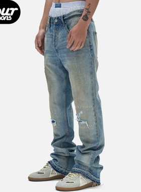 四季Epide prefab微喇叭牛仔裤水洗做旧破坏手工刺子缝线流苏补丁