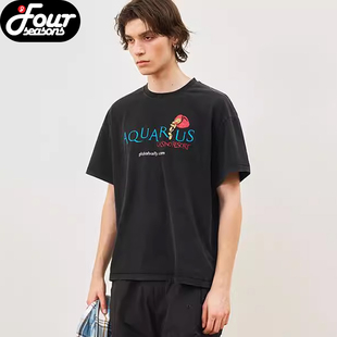 四季 GLOBALVALLY 水洗短袖T恤夏季宽松做旧胸前LOGO全球黑丸心疼