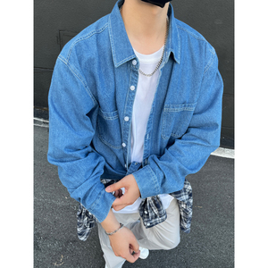 抖音品质秋款做旧水洗牛仔衬衫男女潮牌纯色长袖衬衣外套C302/p65图片