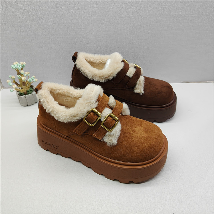 25秋冬舒适加绒勃肯鞋女冬季保暖厚底双扣带毛绒棉鞋小个子增高女