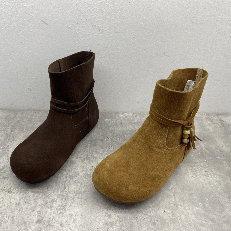 2025秋季新款女鞋圆头系带真皮气质鞋女百搭舒适串珠女鞋短靴