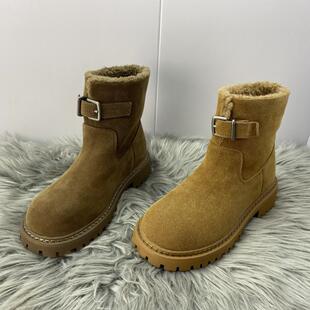 商场当季新款真皮绒里雪地靴保暖棉鞋圆头低跟搭扣英伦风女短靴潮