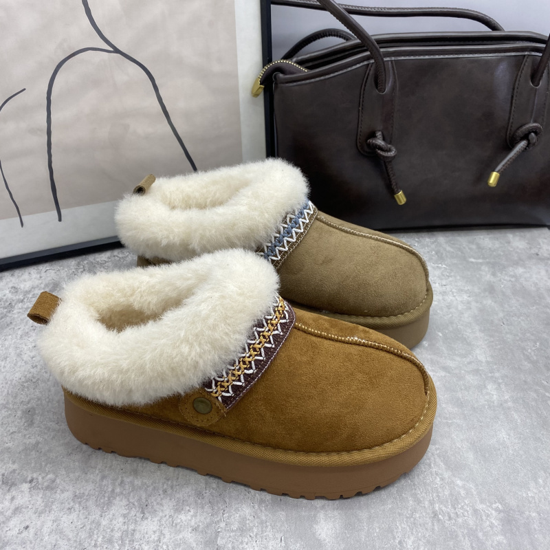 25冬季舒适毛口拼接雪地靴女厚底包头保暖棉鞋一脚蹬懒人鞋女