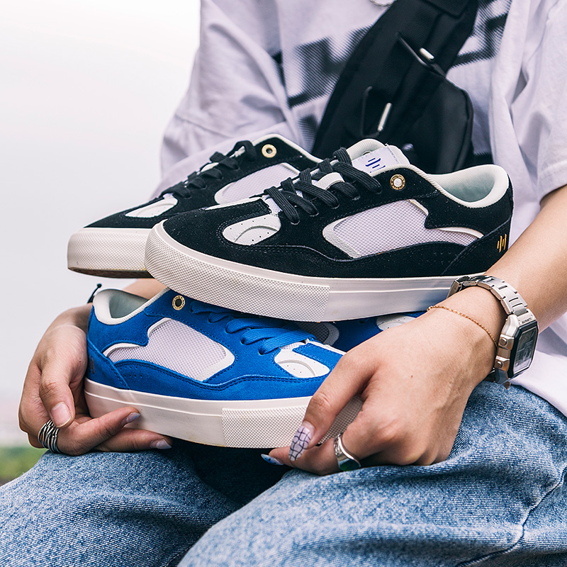 顽刻ollieskate经典黑白翻毛皮DOUBLE拼接系带低帮休闲男女滑板鞋