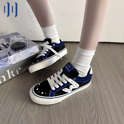 顽刻ollieskate蓝色钻黑白蓝拼色校园风W复古学生男女国潮滑板鞋