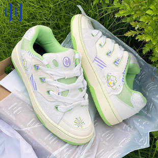 顽刻ollieskate面包鞋绿紫拼色小花图案印花BAKE男女国潮滑板鞋