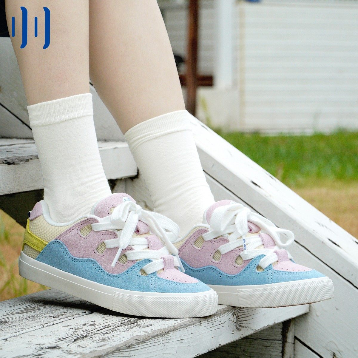 顽刻ollieskate面包鞋蓝粉黄撞色拼接BAKE复古男女国潮滑板鞋