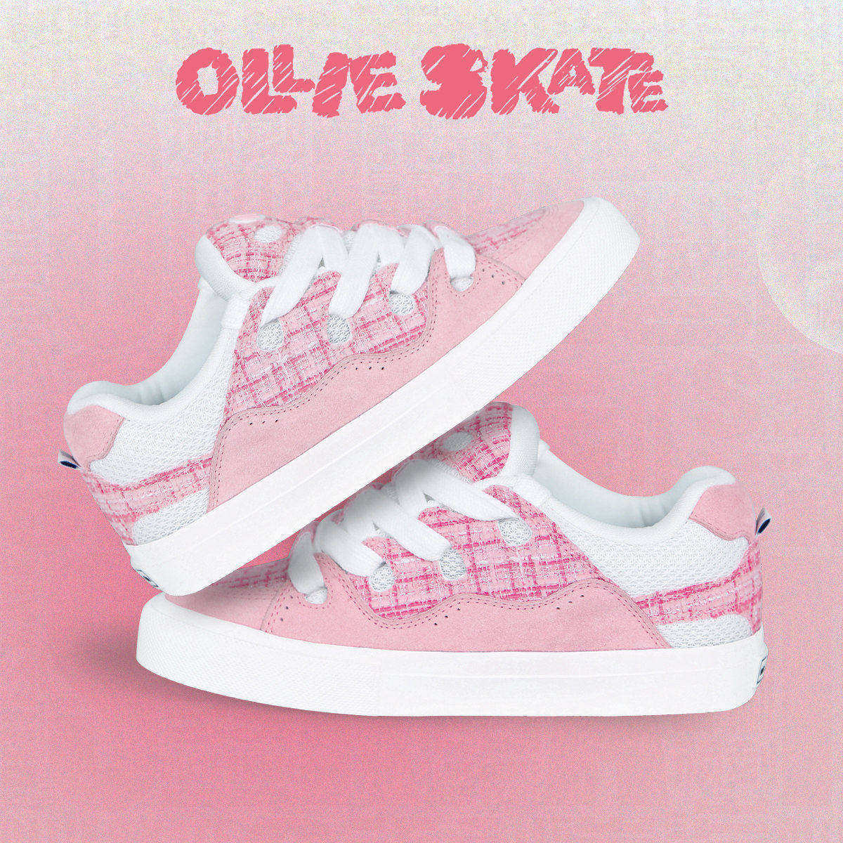 顽刻ollieskate面包鞋粉色小香风翻毛皮帆布拼接BAKE男女滑板鞋