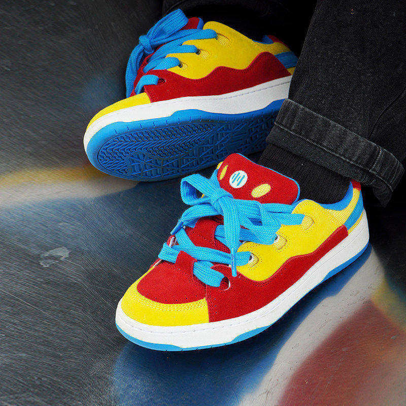 顽刻ollieskate冷粘面包鞋翻毛皮红黄蓝拼接BAKE做旧男女滑板鞋