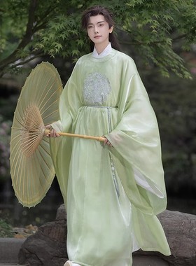 绿色汉服男女同款春夏款【青云】绣花古风仙气飘逸套装唐制圆领袍