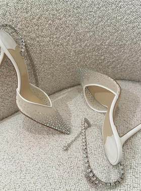 水钻链条高跟鞋2026春夏新款网纱烫钻性感百搭尖头浅口包头凉鞋女