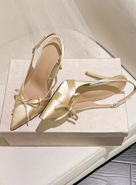 法式细跟高跟鞋后镂空凉鞋女鞋子2025夏季气质名媛蝴蝶结尖头单鞋