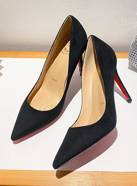黑色红底高跟鞋女细跟春季2025新款气质性感尖头通勤绒面职业单鞋