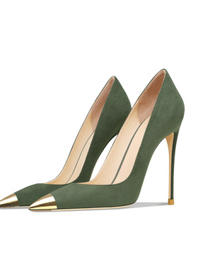 黑色绒面铁头拼接高跟鞋女2025年新款细跟尖头性感百搭浅口单跟鞋