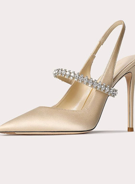 32-45码一字带包头凉鞋女水钻2025新款细跟尖头真皮高跟鞋女单鞋