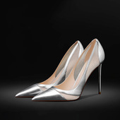 女尖头浅口气质细跟单鞋 新款 拼接网纱银色高跟鞋 45码 2025春季