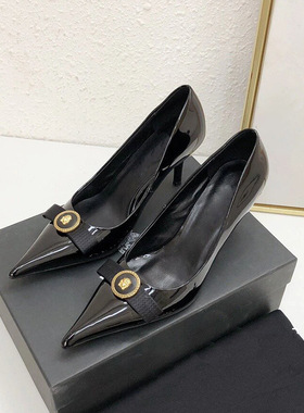 真皮32-45码高跟鞋新款2025细跟尖头浅口法式气质名媛女单鞋黑色
