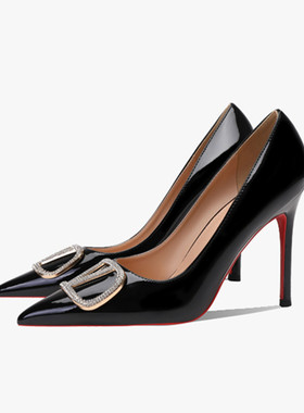 32-45码尖头细跟高跟鞋2025新款V家扣黑色性感红底水钻浅口单鞋女