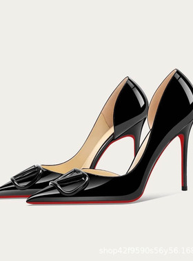 2025夏季新款黑色红底漆皮尖头高跟鞋女V扣细跟侧空凉鞋不累脚