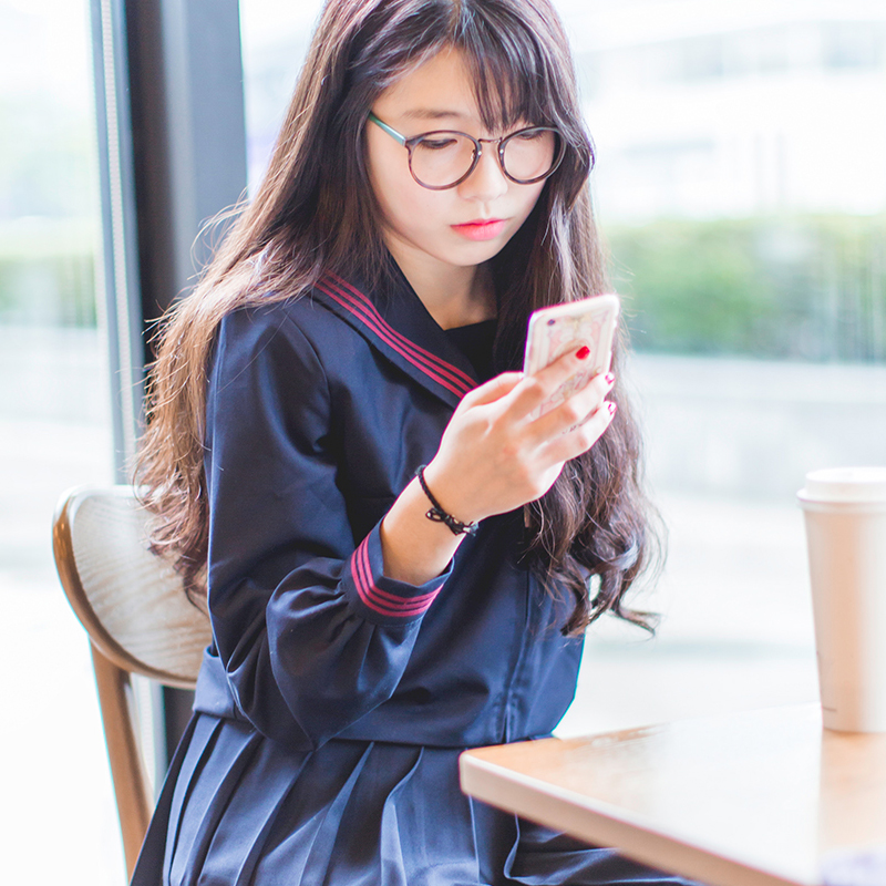 【现货】日本学生正统jk制服水手服中间服浓绀赤三本线冬服上衣